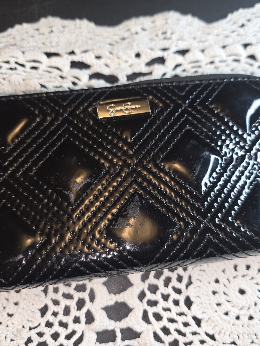 Jessica Simpson Black Quilted Faux Leather Zipper Wallet, New